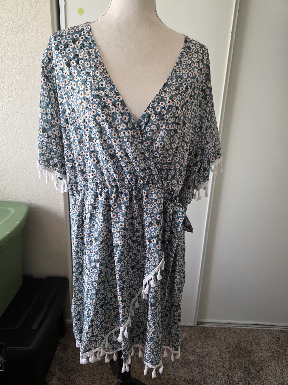 Blue Floral Tassel Wrap Dress
